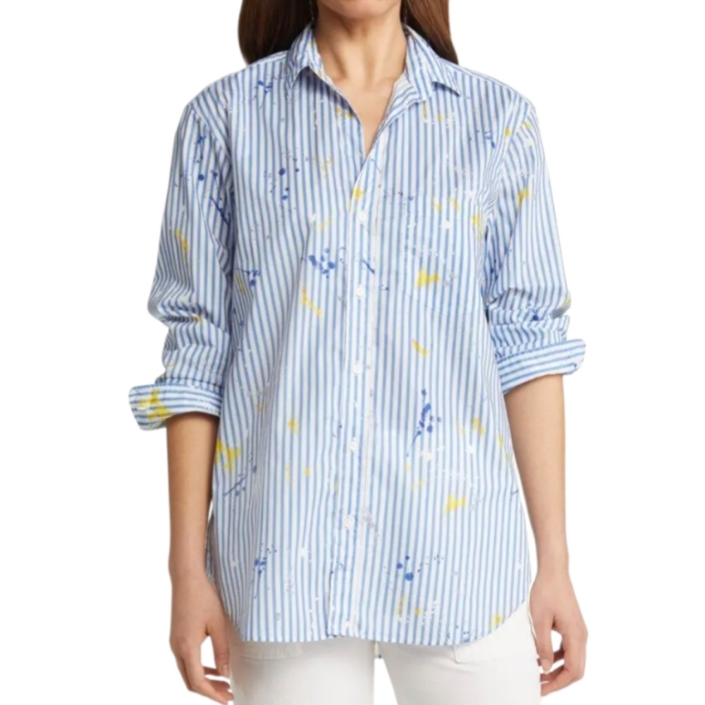 Frank & Eileen Joedy Paint Splatter Striped Button Up Shirt Oversized Size L